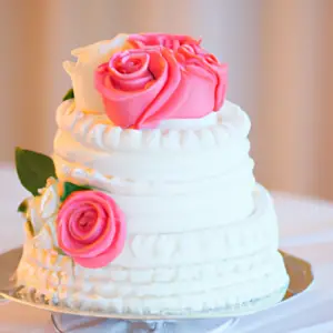 A white wedding cake with a pink rose on top.