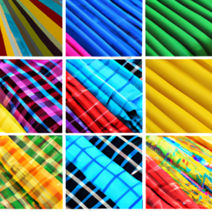 A collage of brightly colored fabrics arranged in a creative pattern.