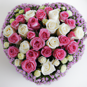 A heart-shaped bouquet of pink and white roses.