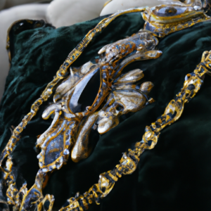 A close up of an ornate necklace draped over a velvet pillow.