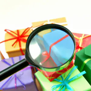 A stack of colorful gift boxes with a magnifying glass hovering above them.