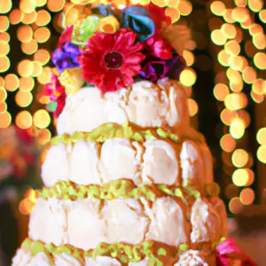 A brightly colored cake with a bouquet of flowers on top against a backdrop of twinkling lights.