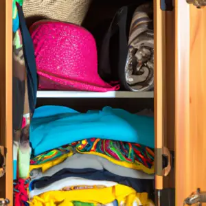 Suggested Prompt: A colorful assortment of clothing items in a wooden wardrobe.