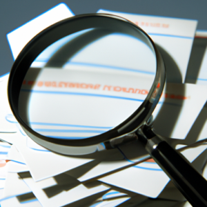 A close-up of a magnifying glass hovering over a stack of business cards.