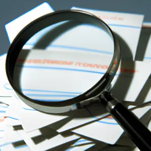 A close-up of a magnifying glass hovering over a stack of business cards.