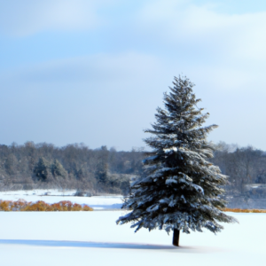 A snow-covered evergreen tree in a peaceful winter landscape.