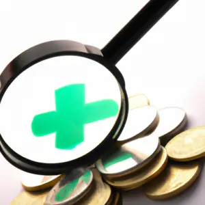 A green medical cross with a stack of coins and a magnifying glass.