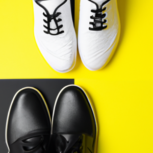 A pair of shoes, one white and one black, against a bright yellow background.