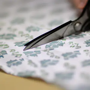 A close-up of a tailor's scissors cutting fabric.