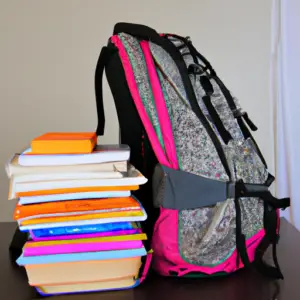 A school desk with a backpack and a stack of books on top of it.