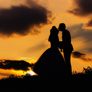 Bride and groom silhouettes standing side by side against a sunset sky.
