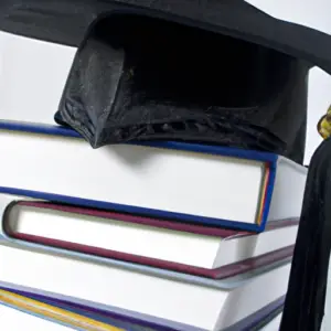 A close-up image of a stack of textbooks with a graduation cap sitting atop.