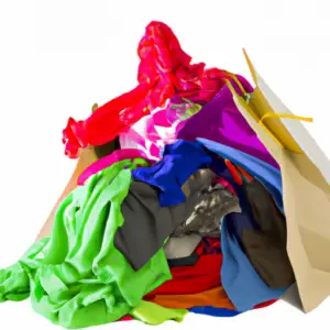 A pile of colorful clothes spilling out of an overflowing shopping bag.