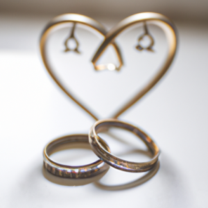 A pair of wedding rings intertwined in a heart shape.