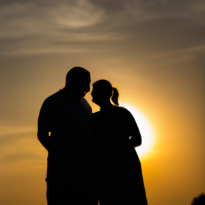 A couple in silhouette embracing against a backdrop of a romantic sunset.