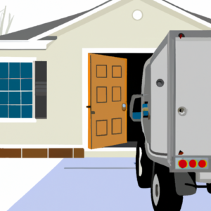 A moving truck in front of a house with an open door.