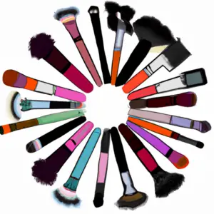 A colorful, abstract design with a variety of makeup brushes in a circle.
