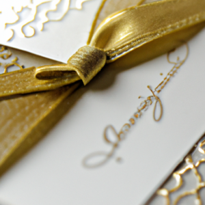 A close-up of an ornately decorated wedding invitation with a gold ribbon and bow.