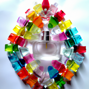 A white background with a colorful collection of perfume bottles arranged in a fan-like pattern.