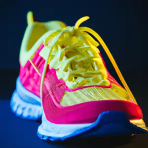 A bright yellow running shoe with neon pink laces against a dark blue background.