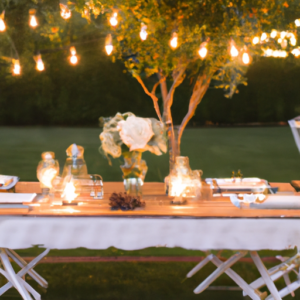 A rustic outdoor table set with white linens, twinkling fairy lights, and floral centerpieces.