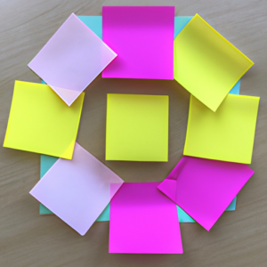Suggested Prompt: A group of multicolored post-it notes arranged in a circle overlapping each other.