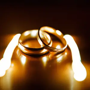 Two intertwined wedding rings with a glowing light in the center.