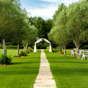 A picturesque outdoor wedding venue with lush green grass and a tree-lined path leading up to the entrance.