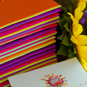 A stack of colorful wedding invitation cards with a bouquet of flowers in the foreground.