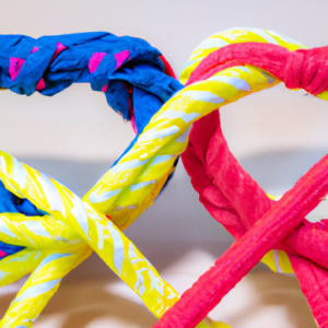 A heart-shaped knot tied with two colorful ribbons.