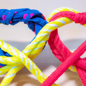 A heart-shaped knot tied with two colorful ribbons.