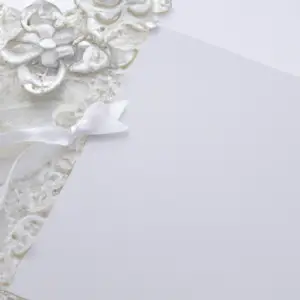 White paper with silver ribbon, lace and flower accents.