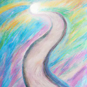 A pastel-colored abstract painting depicting a winding path with a bright light at the end.