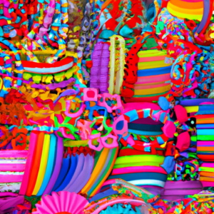 A close-up image of a variety of colorful accessories arranged in a pleasing pattern.