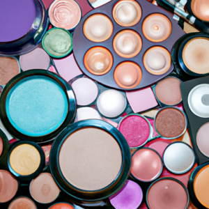 A close-up of a variety of colorful makeup products arranged in a circular pattern.