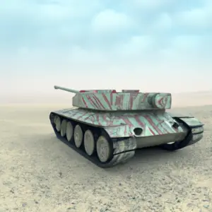 A military tank in a desert landscape.