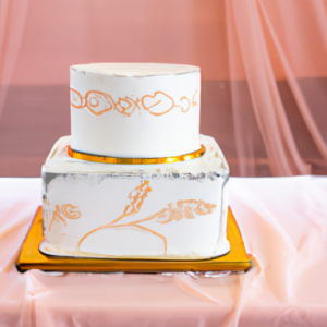 A white wedding cake with gold decorative accents on top of a light pink tablecloth.