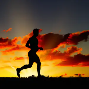 A silhouette of a runner wearing trendy athletic clothes against a vibrant sunset sky.