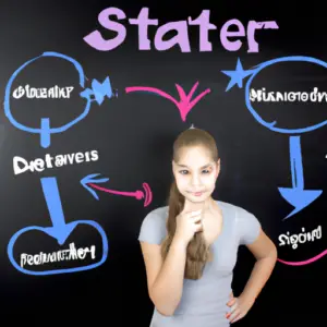 A teenage girl standing in front of a chalkboard with different strategies written on it.