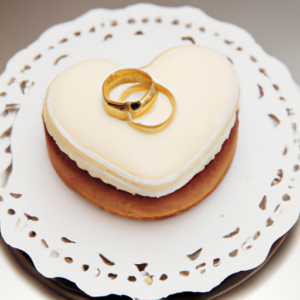 A heart-shaped cake with a golden wedding band on top.
