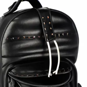 A close-up of a black leather backpack with the top flap open and straps hanging down.
