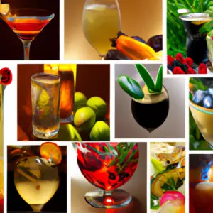 A collage of colorful alcoholic beverages with garnishes such as fruits, herbs, and spices.