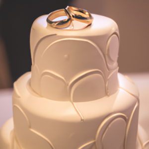 A wedding cake with two gold rings perched atop the layers.