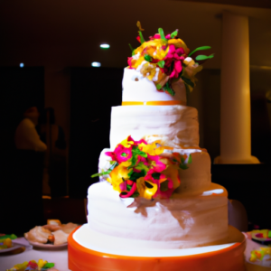 A white wedding cake with a colorful bouquet of flowers on top.