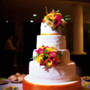 A white wedding cake with a colorful bouquet of flowers on top.