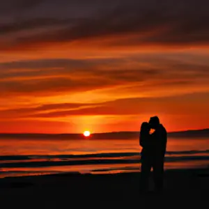 A romantic beach sunset with a silhouetted couple embracing.