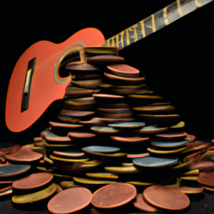 An acoustic guitar atop a pile of coins.