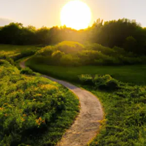 A bright yellow sun illuminating a winding path through a green meadow.