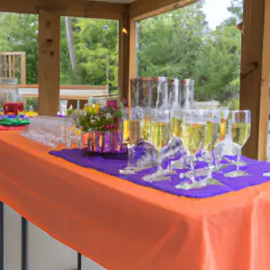 A wedding reception setting with a buffet of colorful dishes and glasses of champagne.