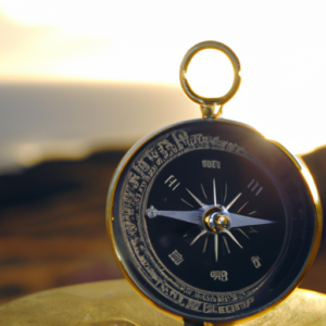A close-up of a compass pointing towards a sunlit horizon.